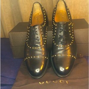 GUCCI BETIS GLAMOUR NERO BLACK LEATHER GOLD STUDDED LACE-UP OXFORD SZ 10